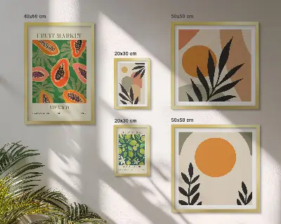 Set of 5 wall art pieces with tropical fruit retro motifs