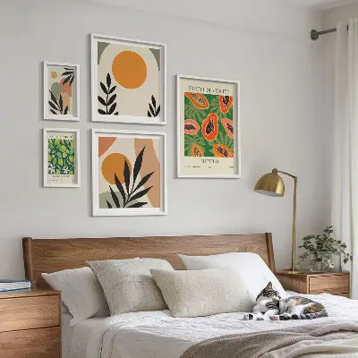 Set of 5 wall art pieces with tropical fruit retro motifs