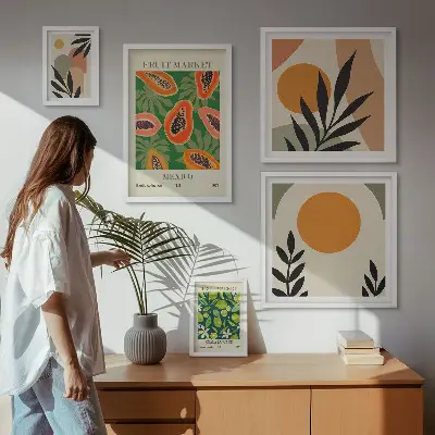 Set of 5 wall art pieces with tropical fruit retro motifs