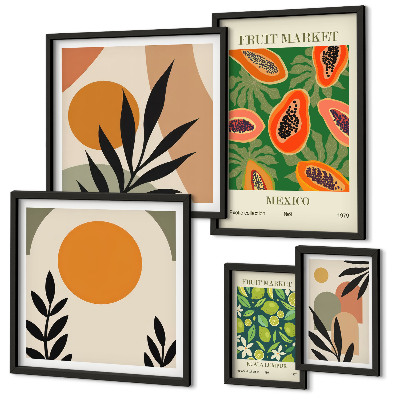 Set of 5 wall art pieces Tropical fruit retro motifs