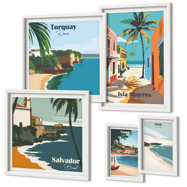 Set of 5 wall art pieces Colorful seaside beaches