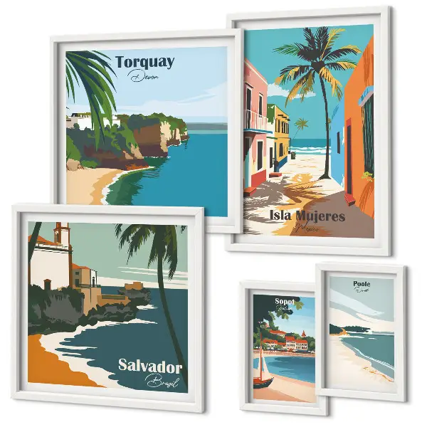 Colorful seaside beaches wall art set of 5 pieces