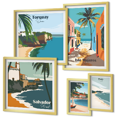 Set of 5 wall art pieces Colorful seaside beaches