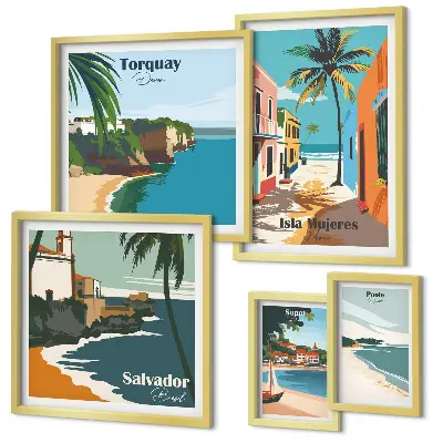 Colorful seaside beaches wall art set of 5 pieces