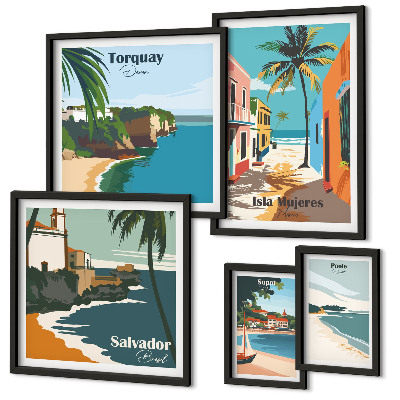 Set of 5 wall art pieces Colorful seaside beaches
