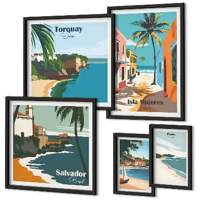 Colorful seaside beaches wall art set of 5 pieces