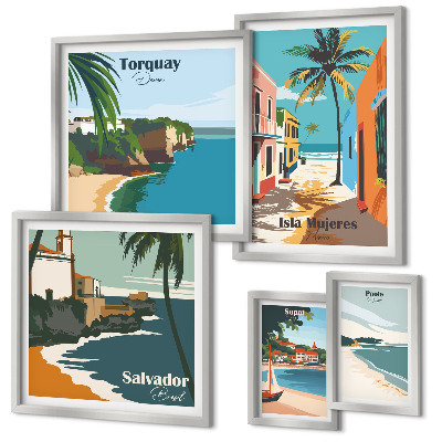 Set of 5 wall art pieces Colorful seaside beaches