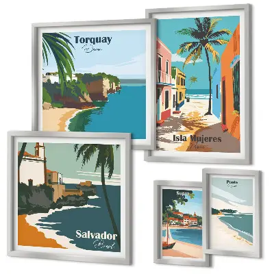 Colorful seaside beaches wall art set of 5 pieces