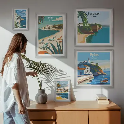 Framed photo set featuring coastal landscapes of Europe