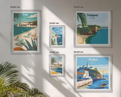 Framed photo set featuring coastal landscapes of Europe