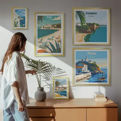 Framed photo set featuring coastal landscapes of Europe