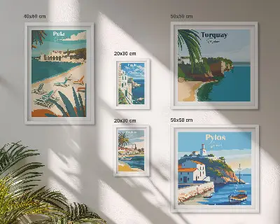 Framed photo set featuring coastal landscapes of Europe