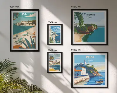 Framed photo set featuring coastal landscapes of Europe