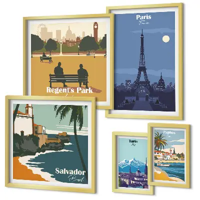 Set of 5 European retro icon cities wall art pieces set of 5 wall art pieces