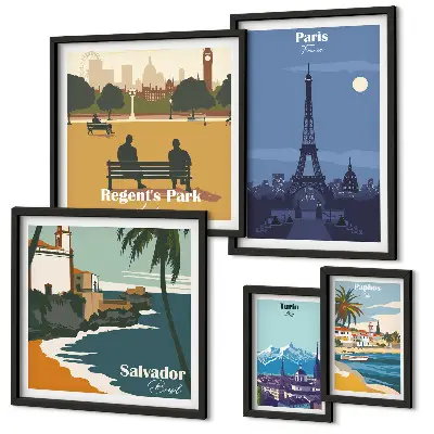 Set of 5 European retro icon cities wall art pieces set of 5 wall art pieces
