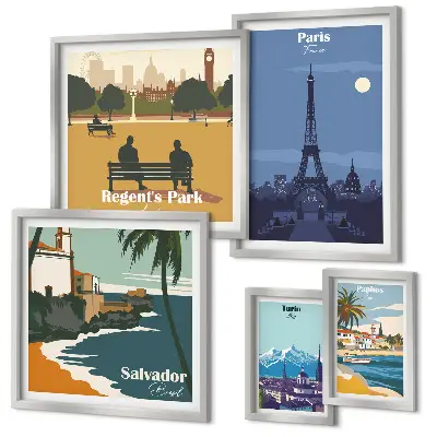 Set of 5 European retro icon cities wall art pieces set of 5 wall art pieces