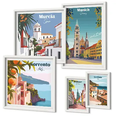 Framed photo set featuring European architectural landmarks