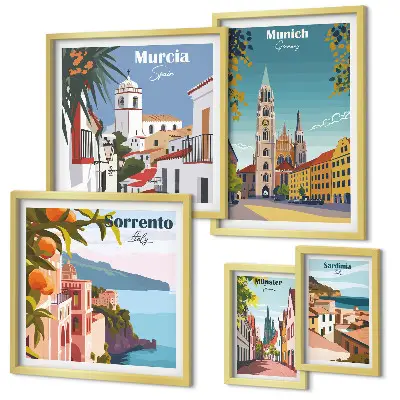 Framed photo set featuring European architectural landmarks