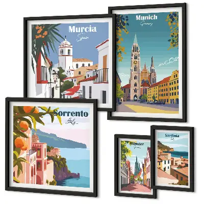 Framed photo set featuring European architectural landmarks