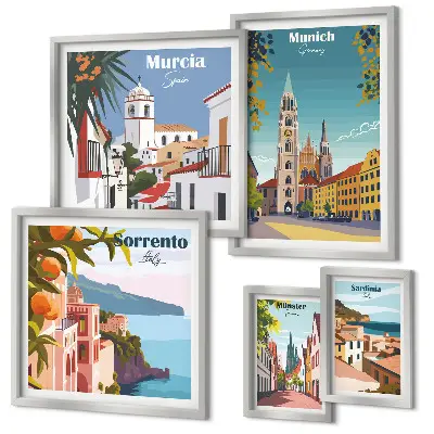 Framed photo set featuring European architectural landmarks