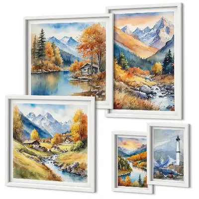 Framed photo set mountain rivers and lighthouse