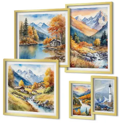 Framed photo set mountain rivers and lighthouse