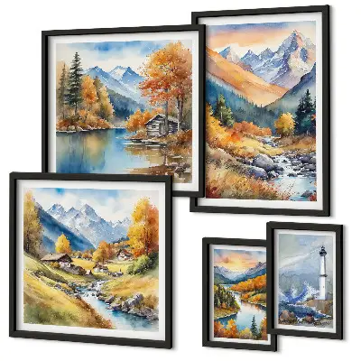 Framed photo set mountain rivers and lighthouse