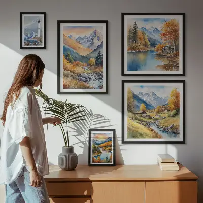 Framed photo set mountain rivers and lighthouse