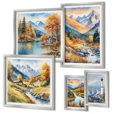 Framed photo set mountain rivers and lighthouse