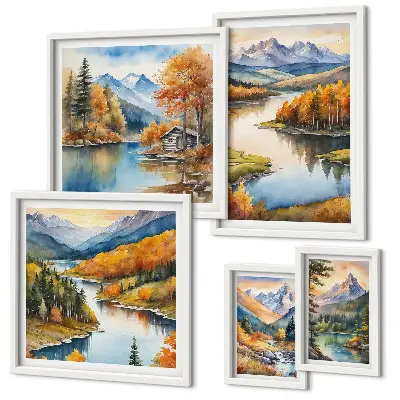 Mountain rivers and autumn trees wall art set of 5 pieces