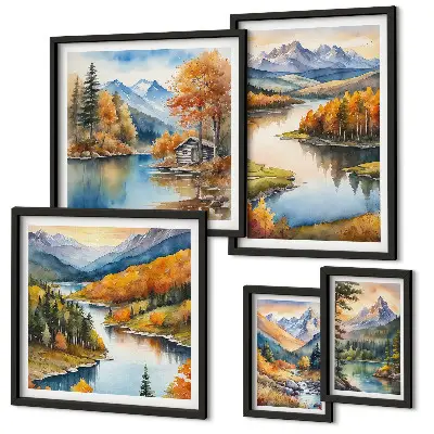 Mountain rivers and autumn trees wall art set of 5 pieces