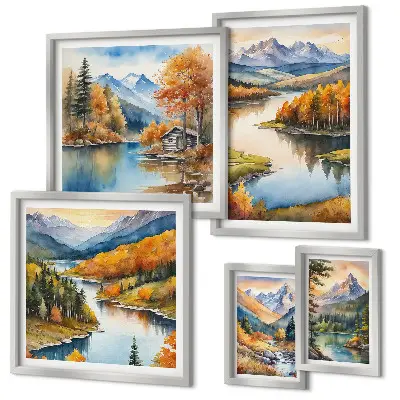 Mountain rivers and autumn trees wall art set of 5 pieces