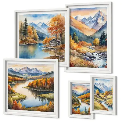 Framed photo set autumn mountains, rivers, and houses