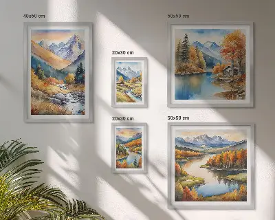 Framed photo set autumn mountains, rivers, and houses