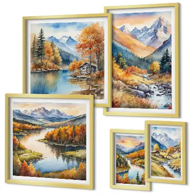 Framed photo set autumn mountains, rivers, and houses