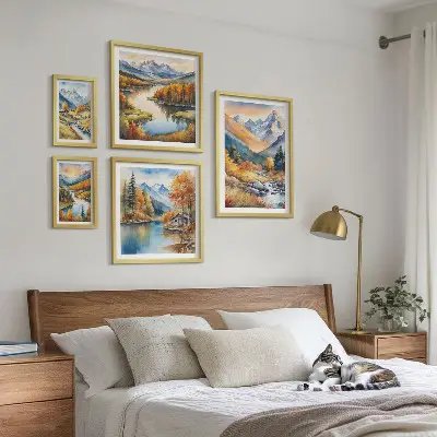 Framed photo set autumn mountains, rivers, and houses