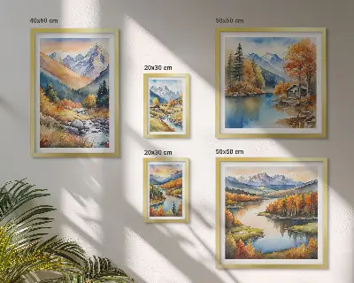 Framed photo set autumn mountains, rivers, and houses