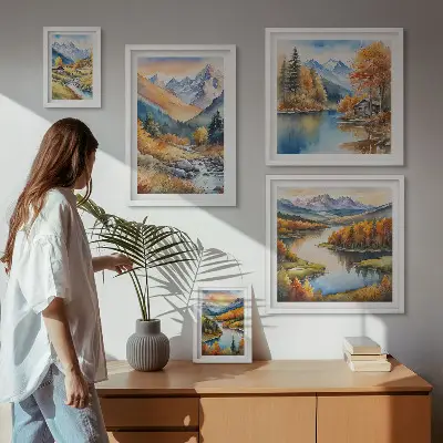 Framed photo set autumn mountains, rivers, and houses