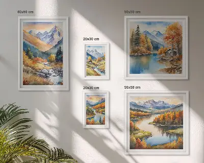 Framed photo set autumn mountains, rivers, and houses