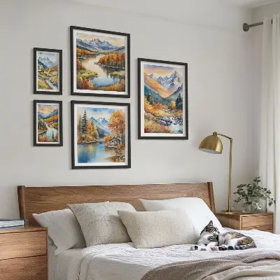 Framed photo set autumn mountains, rivers, and houses