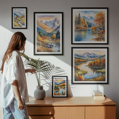 Framed photo set Autumn mountains rivers houses