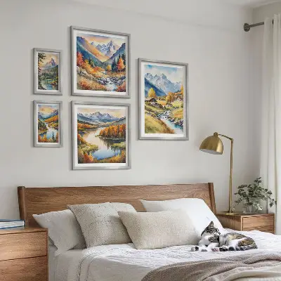 Gallery wall landscapes featuring mountains, rivers, and forests