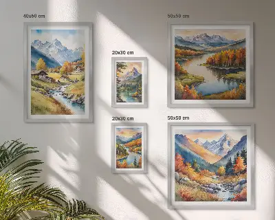 Gallery wall landscapes featuring mountains, rivers, and forests