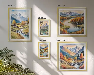 Gallery wall landscapes featuring mountains, rivers, and forests