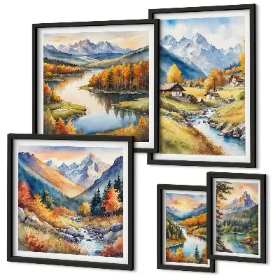 Gallery wall landscapes featuring mountains, rivers, and forests