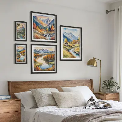 Gallery wall landscapes featuring mountains, rivers, and forests