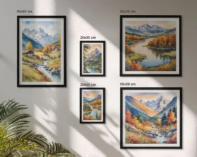 Gallery wall landscapes featuring mountains, rivers, and forests