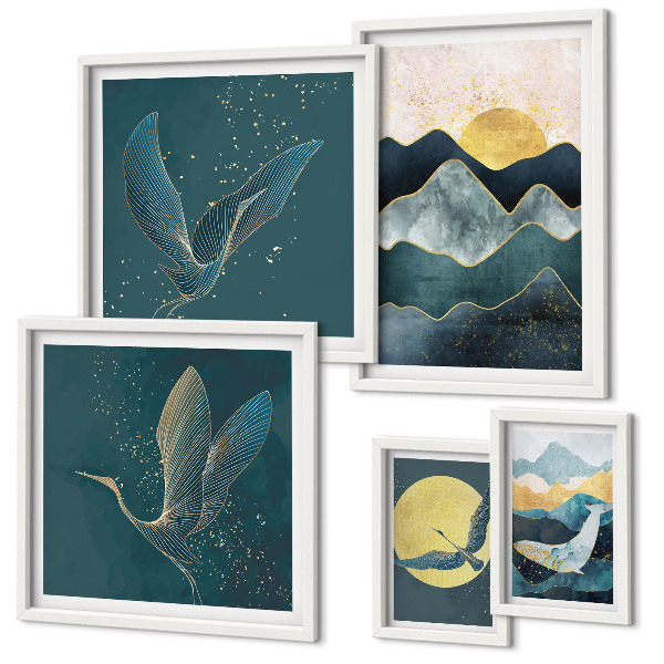 Set of 5 wall art pieces Stylish mountains birds sun