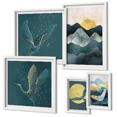Set of 5 wall art pieces stylish mountains with birds and sun motif