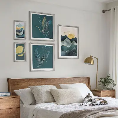 Set of 5 wall art pieces stylish mountains with birds and sun motif